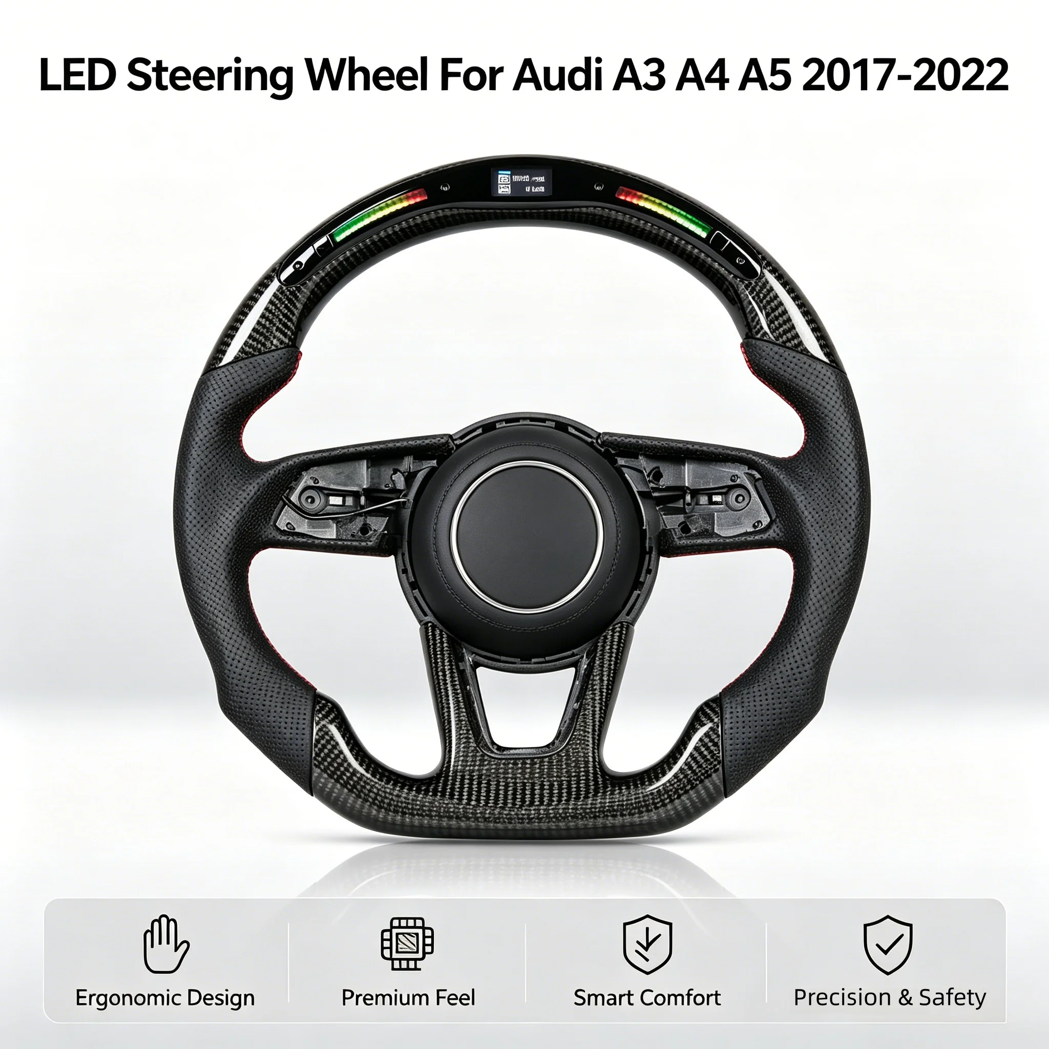 LED Carbon Fiber Steering Wheel Fit For Audi RS3 RS4 RS8 S3 S4 S5 16-20 A3 A4 A5 17-20 With Paddle Holes Car Accessories