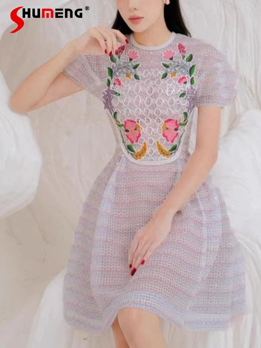 

Fashion Fairy Sweet Flower Embroidery Puff Sleeve Dress Slimming Feminine Temperament Short Sleeve Zipper Women's Dresses