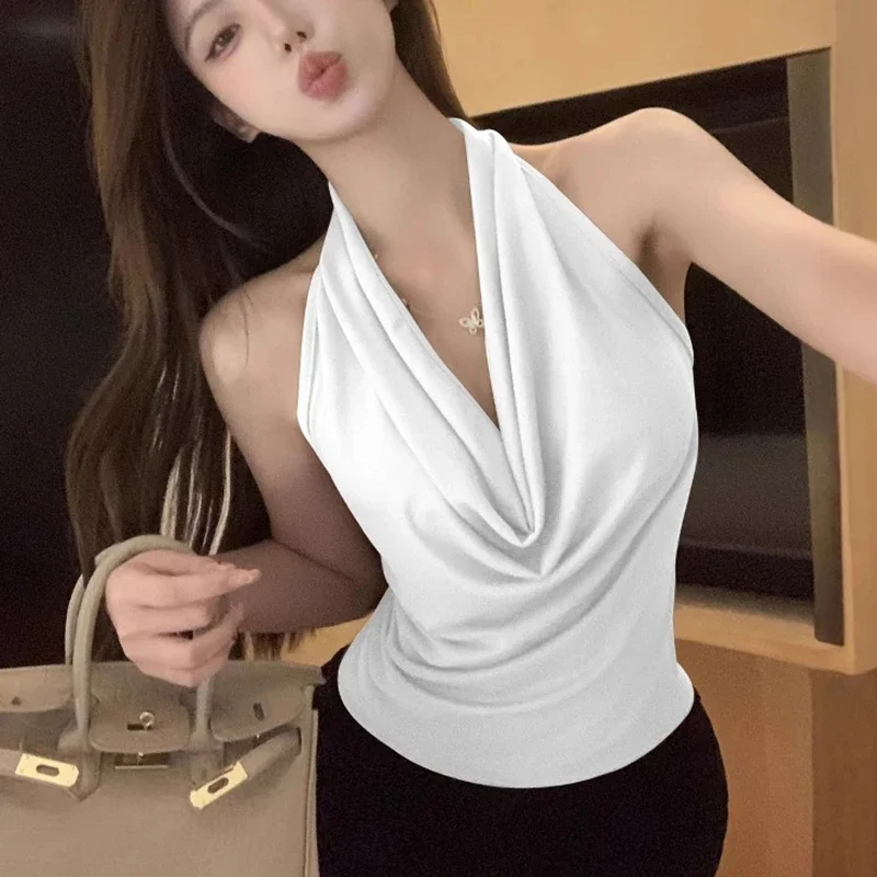 

2025 Elegant Korean Tanks Women Satin Silk Solid Color Sleeveless Tank Tops Fashion Sexy Office Lady Cowl Neck Camisole