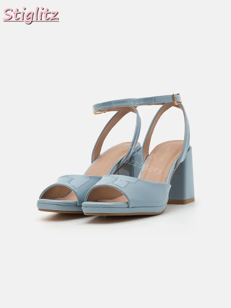 

Concise Square Toe Sandals Solid Buckle Straps Chunky Heels Women Patent Leather Fashion Dress Shoes 2025 Summer New Outdoor