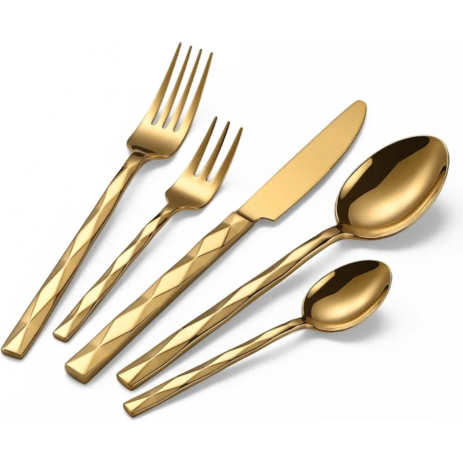 

Gold Silverware Set Luxury 20Piece Flatware Set for 4 Cutlery Set Stainless Steel Diamond Cut Pattern Home Wedding and Party 18