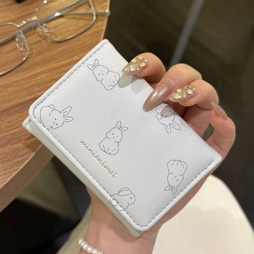 Compact Korean-Style Cartoon Trifold Wallet Cute Pattern Minimalist Card Holder Rabbit Cat Dog Pu Leather Coin Purse Shopping