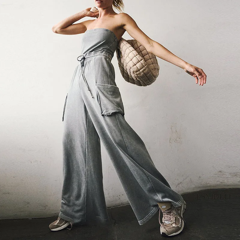 

Summer New Solid Color Pocket Jumpsuits Elegant Backless Sleeveless Commute Playsuits Sexy Tube Top Drawstring Wide Leg Rompers