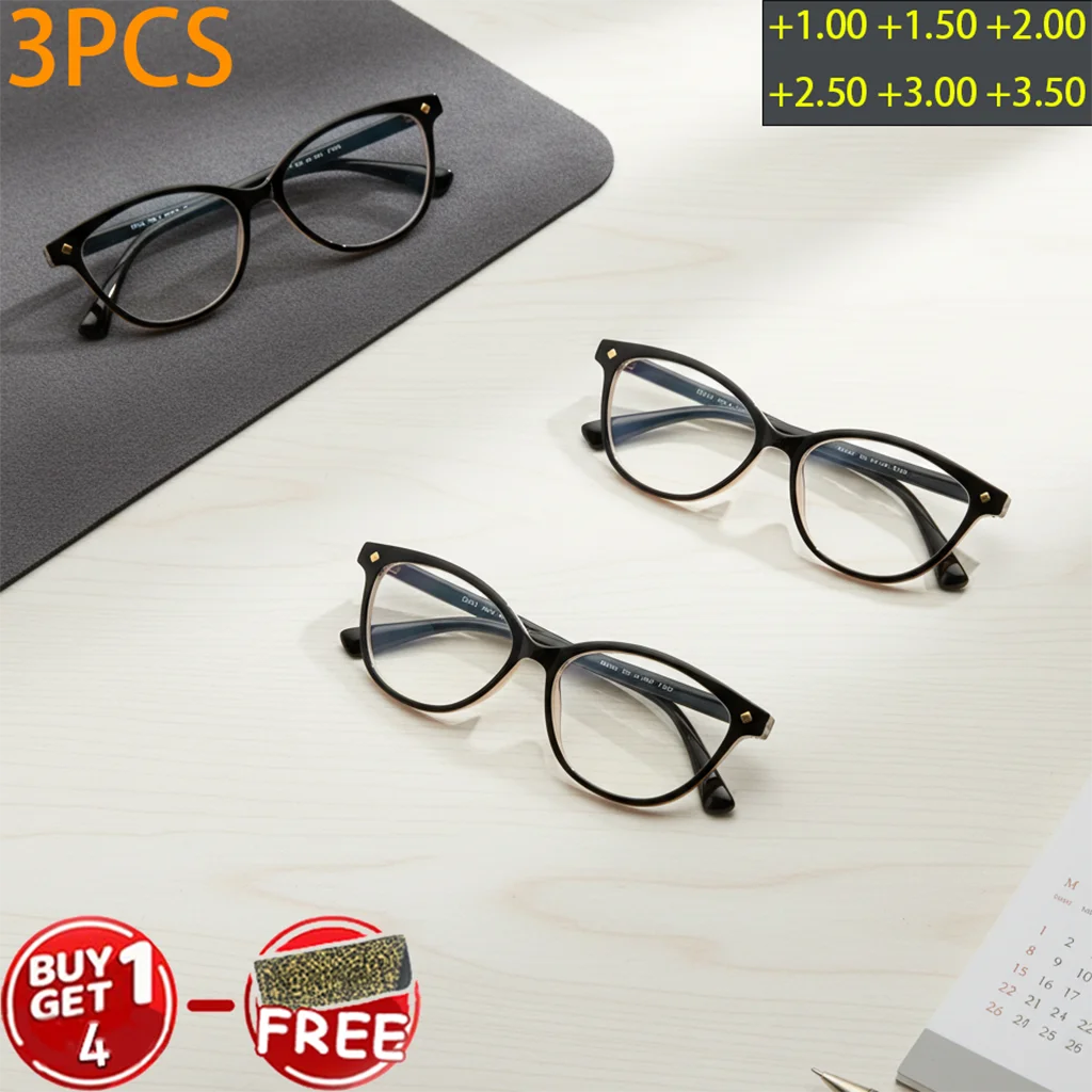 Gafas de lectura tipo ojo de gato para mujer, lectores clásicos con bisagra de resorte negra y transparente, gafas ligeras de estilo Vintage a la moda, 3 uds.
