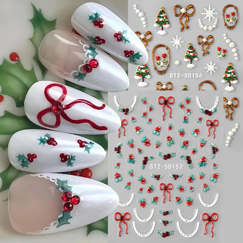 5D Embossed Cranberry Bowknot Stickers for Nails Christmas Trees Snowflakes Self-Adhesive Nail Art Design DIY New Year Nail Deco