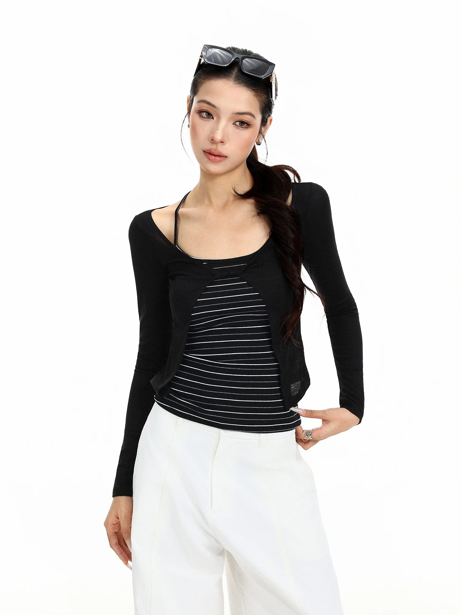 Sun Protection Long Sleeve Ruffle Neck T-Shirt Women's Summer Slim Fit Short Cardigan Vest Two-Piece Set Lightweight Casual Wear