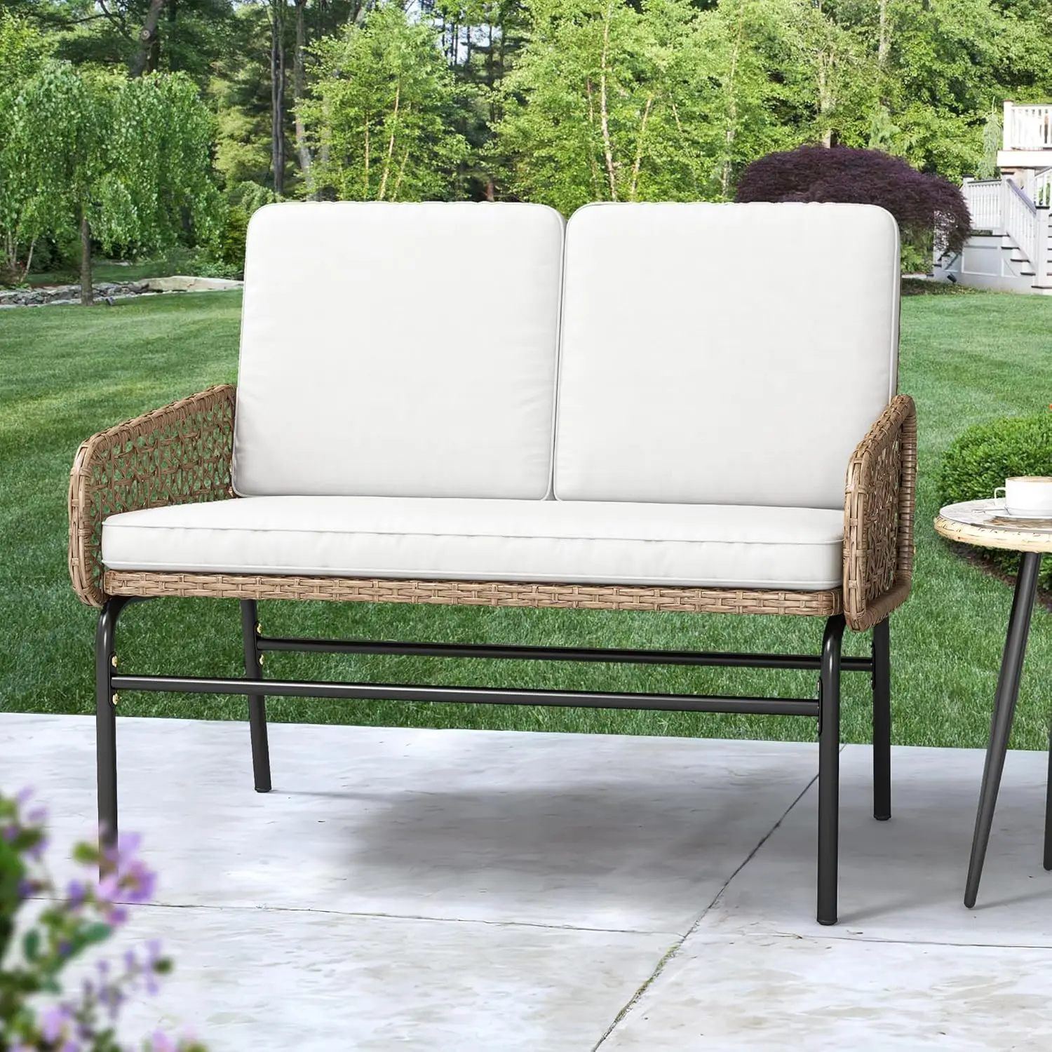 Loveseat Wicker Outdoor Furniture, All Weather Rattan Conversation Loveseat for Backyard Balcony w/ Cushions, Light Brown+Beige