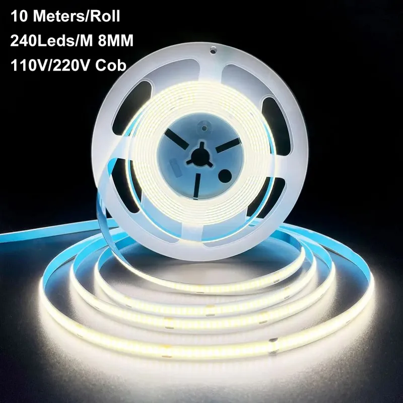 

10 Meters/Roll 110V 220V 8mm Cob Led Strip IP22 No Flicker Self-adhesive Bare Board Ra80 Free Cut Flexible Led Strip Light
