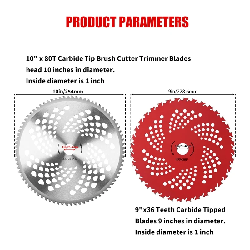 10In X 80T Tip Brush Cutter Trimmer Blades & 9In X 36 Teeth Carbide Tipped Blades With Universal Adapter Kit Compatible Durable