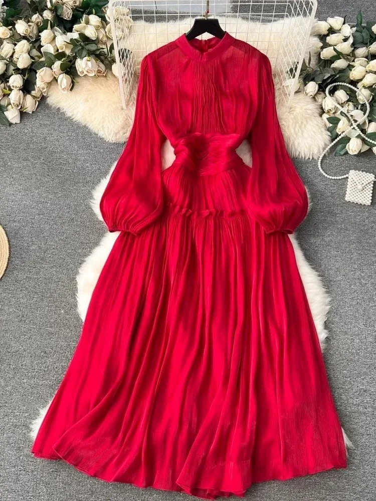 French Luxury Folds Wedding Formal Occasion Dress Women Stand Puff Sleeve Chic Pleated Dress Female Shine Robe Clothes Holiday