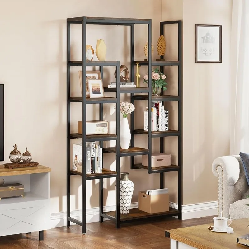 YITAHOME Industrial Bookshelf 71 inch tall bookcase with large bookshelf with 12 open bookshelves, rustic brown