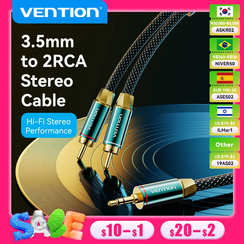 Vention RCA Cable 2RCA to 3.5mm Hi-Fi Tinned Braided RCA to AUX Audio Cable For DJ Controller Speaker Turntable TV Car Stereo