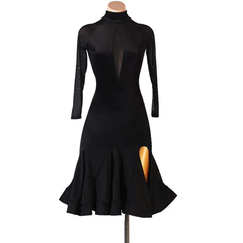 High neck mesh long sleeve cutout swing dance dress for latin dance practice stage performance