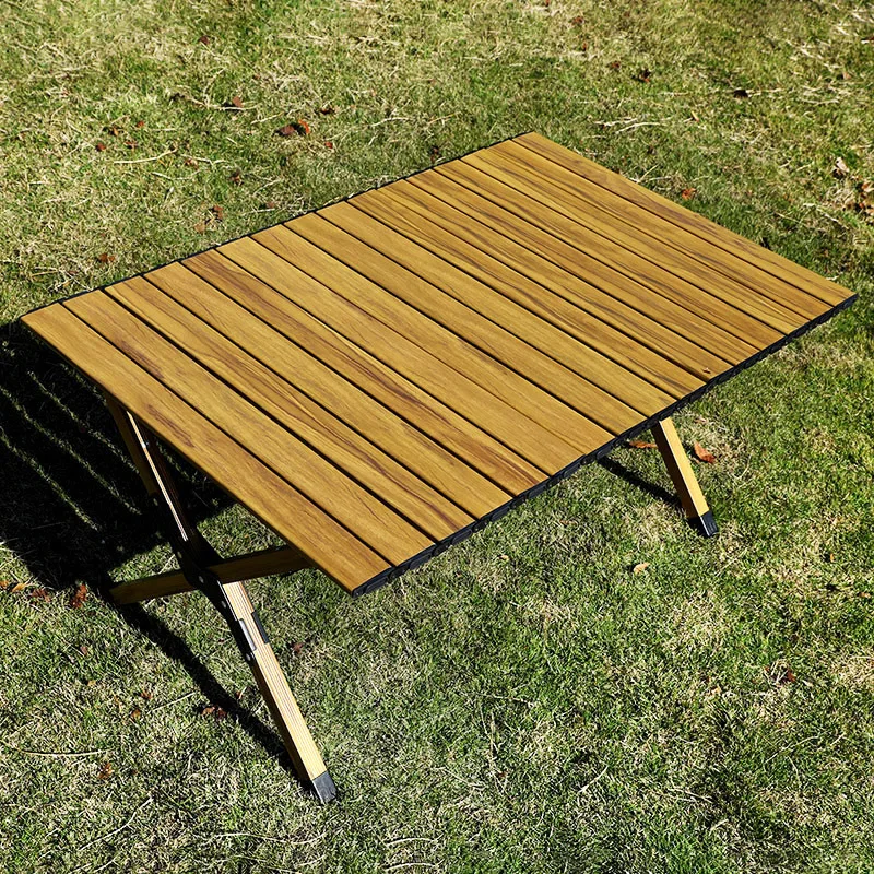 Portable outdoor camping egg roll table, picnic wood grain folding table