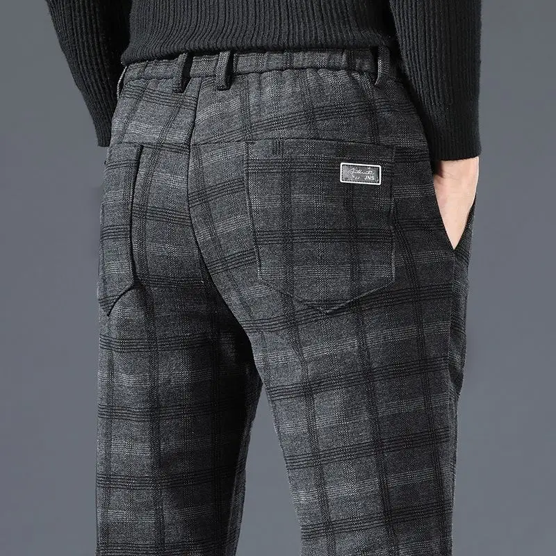 Autumn Winter Casual Pants Men\'s British Plaid Pants Men\'s Stretch Slim Straight Korean Style Fashionable Fleece Trousers Men