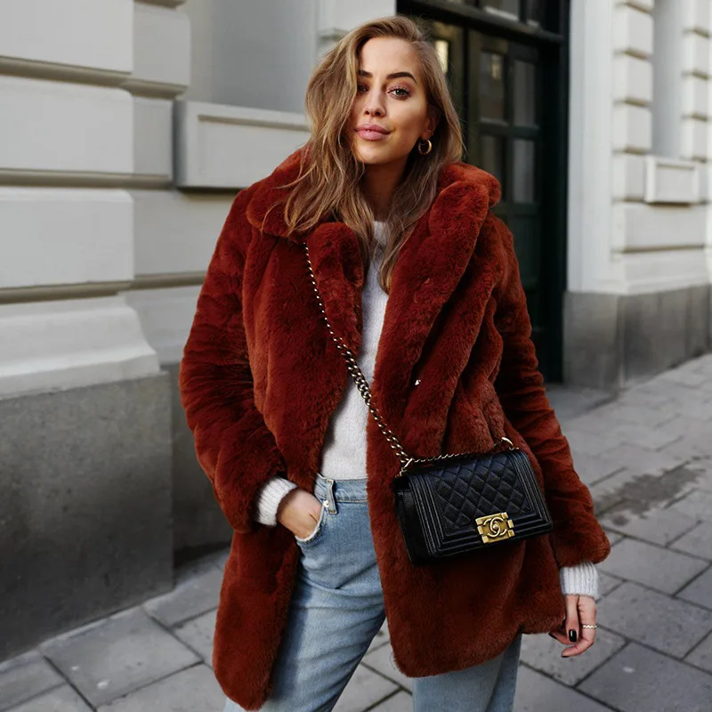 

Women's Winter Rust Brown Faux Fur Coat Mid-Length Thick Warm Overcoat Fashion Casual Streetwear Outerwear