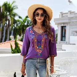 Eaeovni Embroidered Shirts for Women Boho Tops and Blouses 3/4 Sleeve Bohemian Peasant Summer Fall Tunic Top