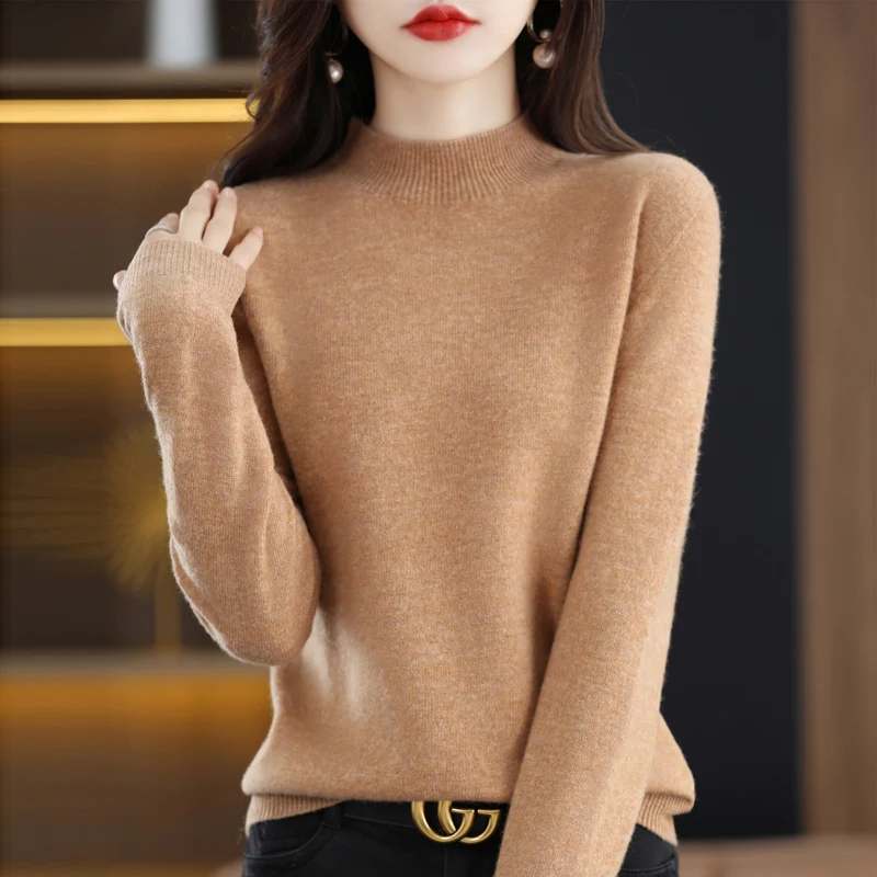 2024 Spring and Autumn New 100% Merino Wool Knitted Half Height Top Women\'s Korean Fashion Loose Cashmere Long Sleeve Sweater