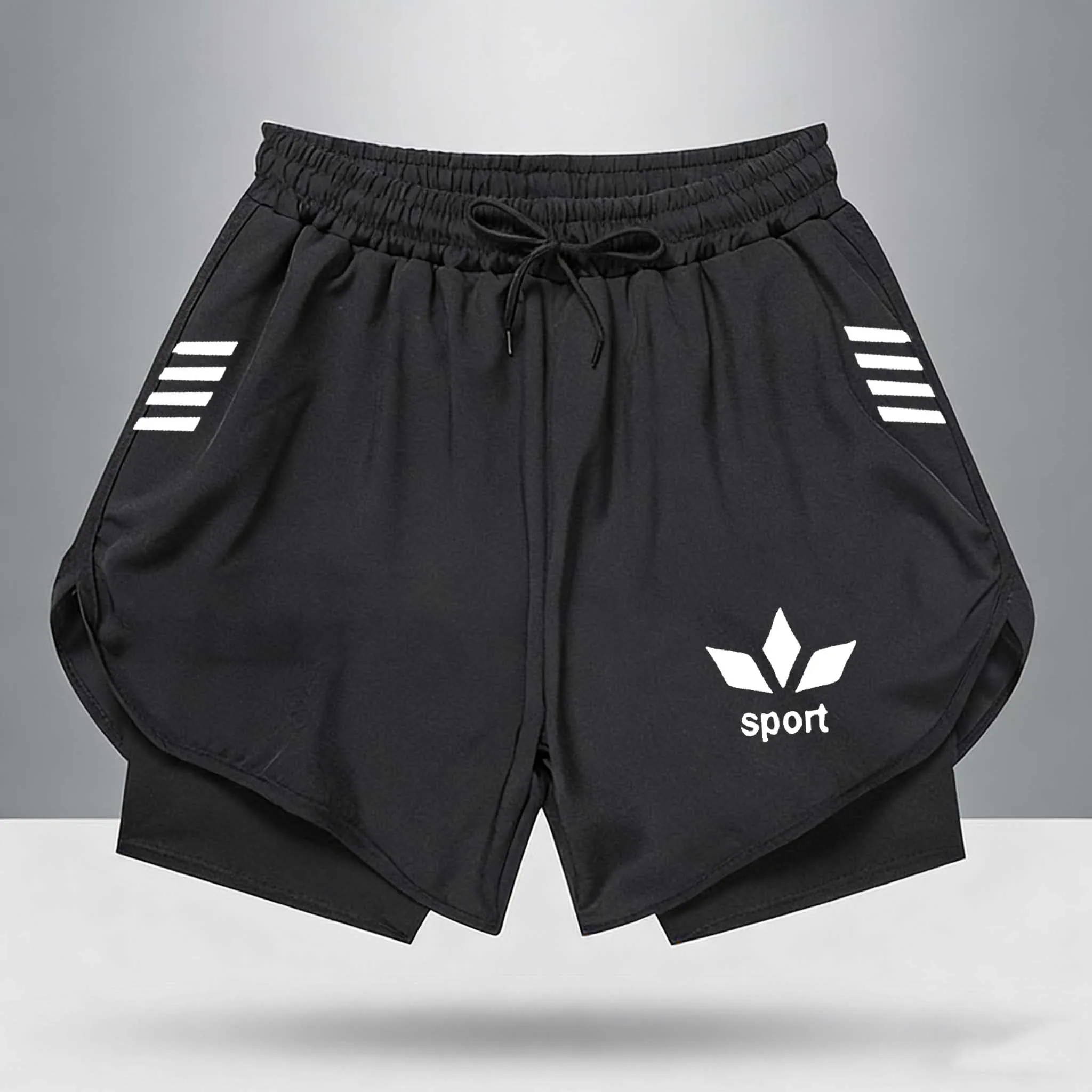 

Летние мужские шорты для бега 2 в 1, двухслойные, с принтом, быстросохнущие, спортивные шорты для тренажерного зала, фитнеса, тренировок, бега