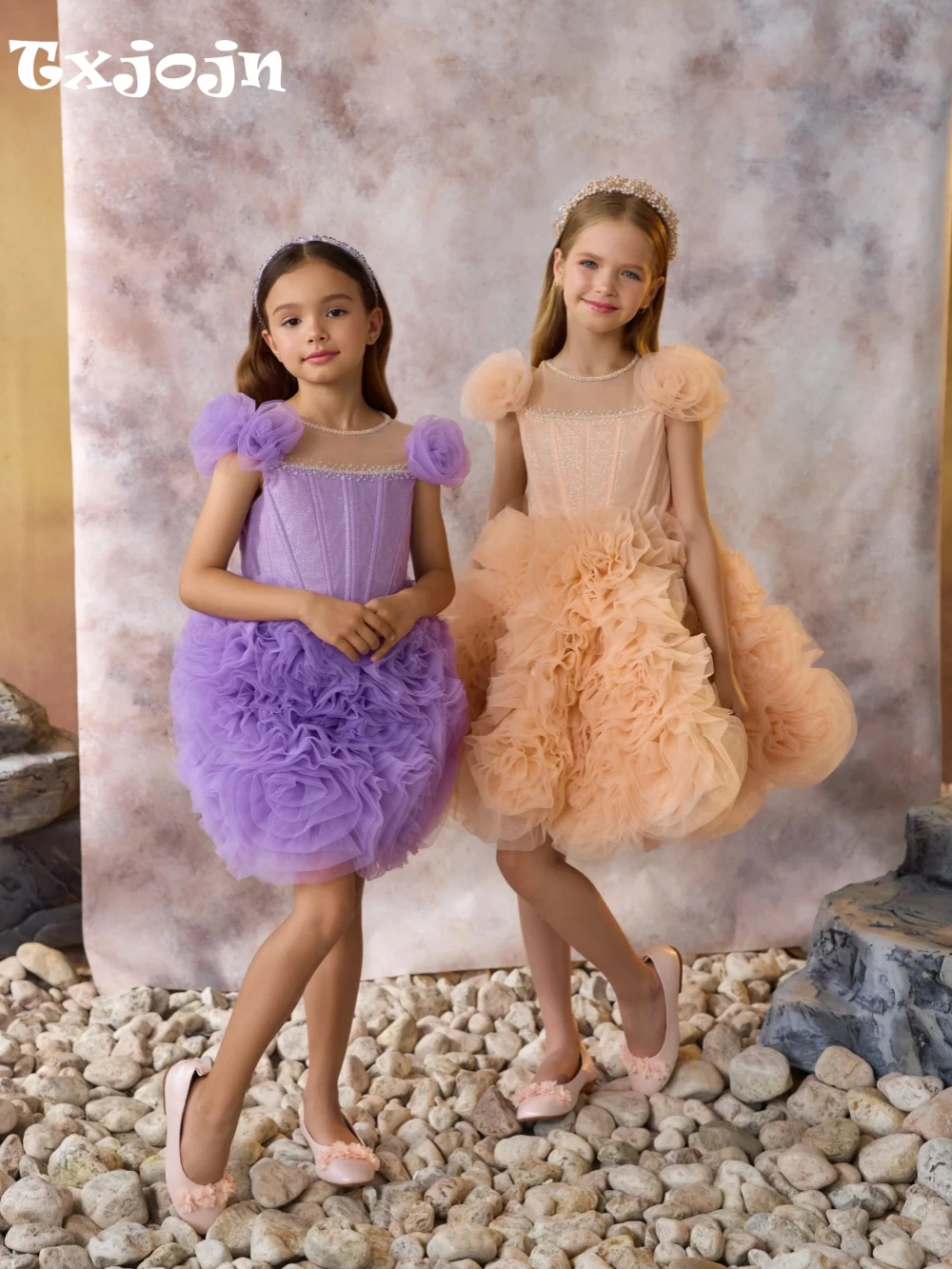 

Fashionable Puffy Beaded 3D Flower Mini Girls Dresses For Daily Life Elegant Luxurious O neck Kids Princess Gown Party Wear