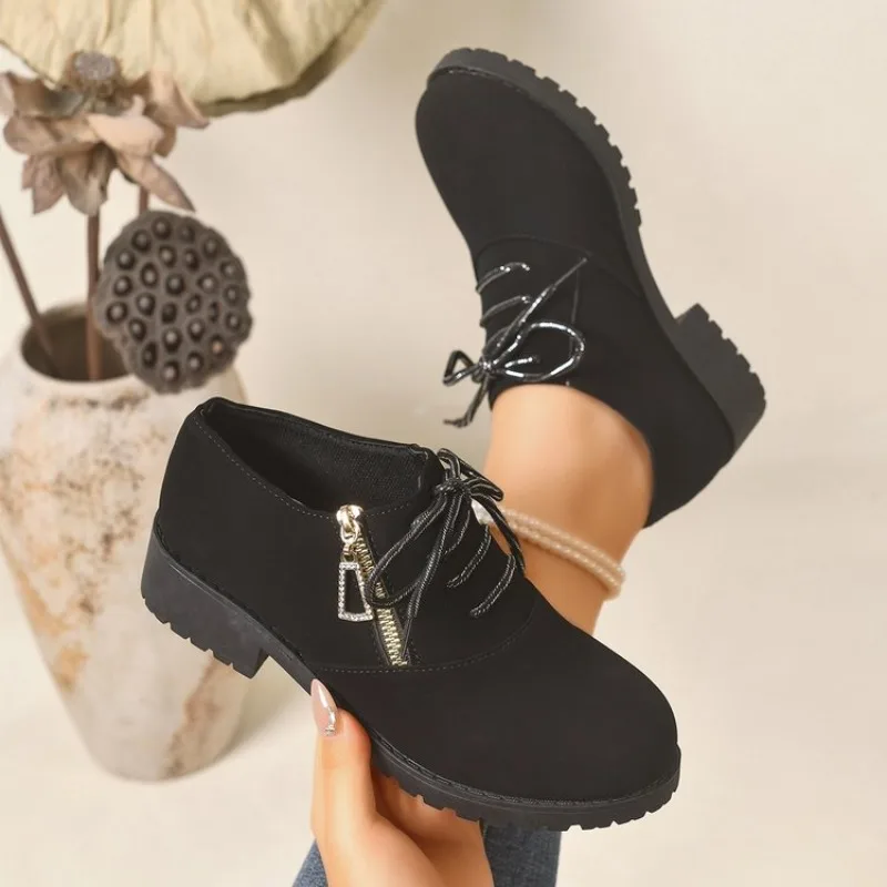 Women's Loafers Round Toe Low Heel Suede-Look Upper Lace-Up Side Zipper Closure Casual Travel Daily Outdoor Footwear Selections