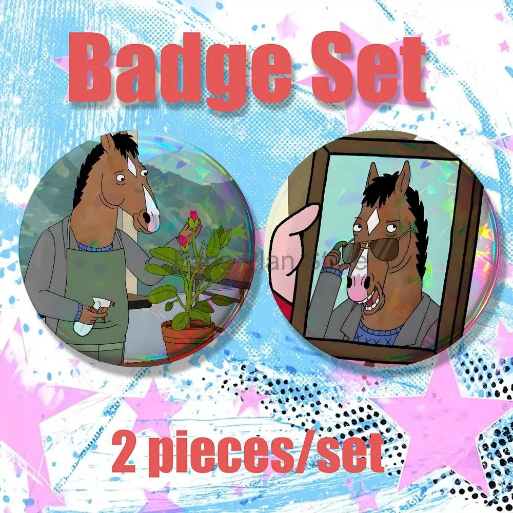 BoJack Cartoon H-Horseman Brooches Backpack Accessories 25,32,44,58,75mm Round Enamel Pins 2-piece Set Cartoon Fan Merchandise