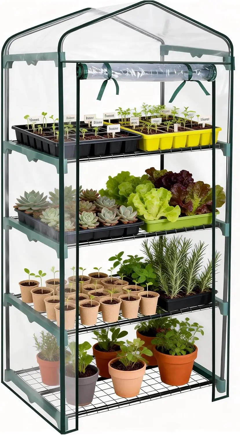 

4-уровневая мини-теплица, 63''В x 27''Д x 19''Ш, прочные переносные полки с ПВХ-покрытием для растений в помещении и на улице