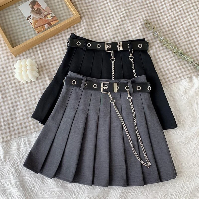 

Punk Mini Skirt Women Chain Belt Rock Belted Pleated Gothic Skirts Mini Korean Casual Y2K Harajuku Solid Spring Autumn Skirts