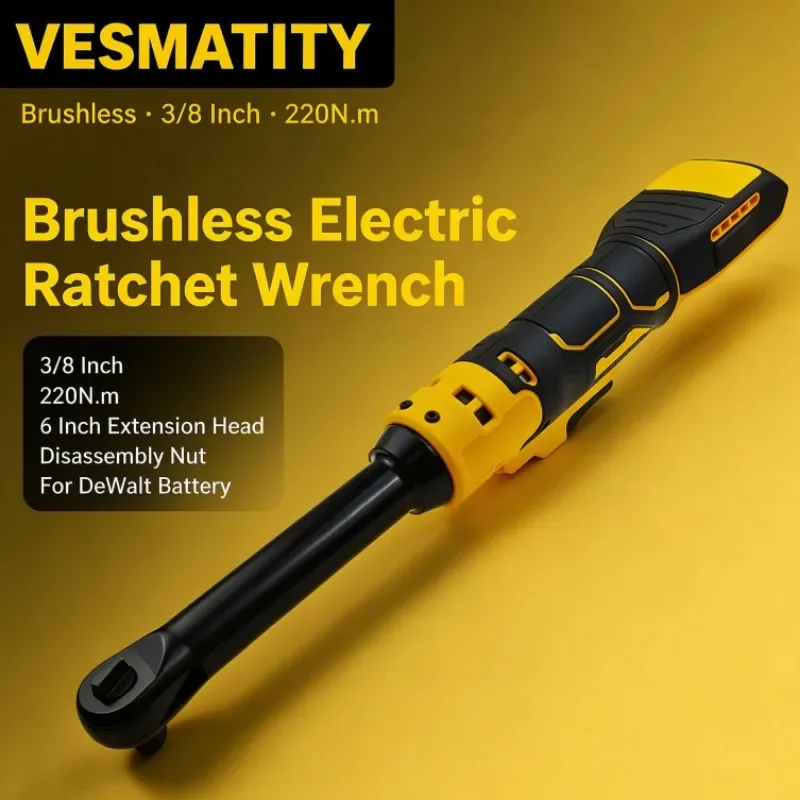 Brushless Electric Ratchet Wrench 3/8 Inch 220N.m 6 Inch Extension Head Disassembly Nut Cordless Drive Tool for Dewalt Battery