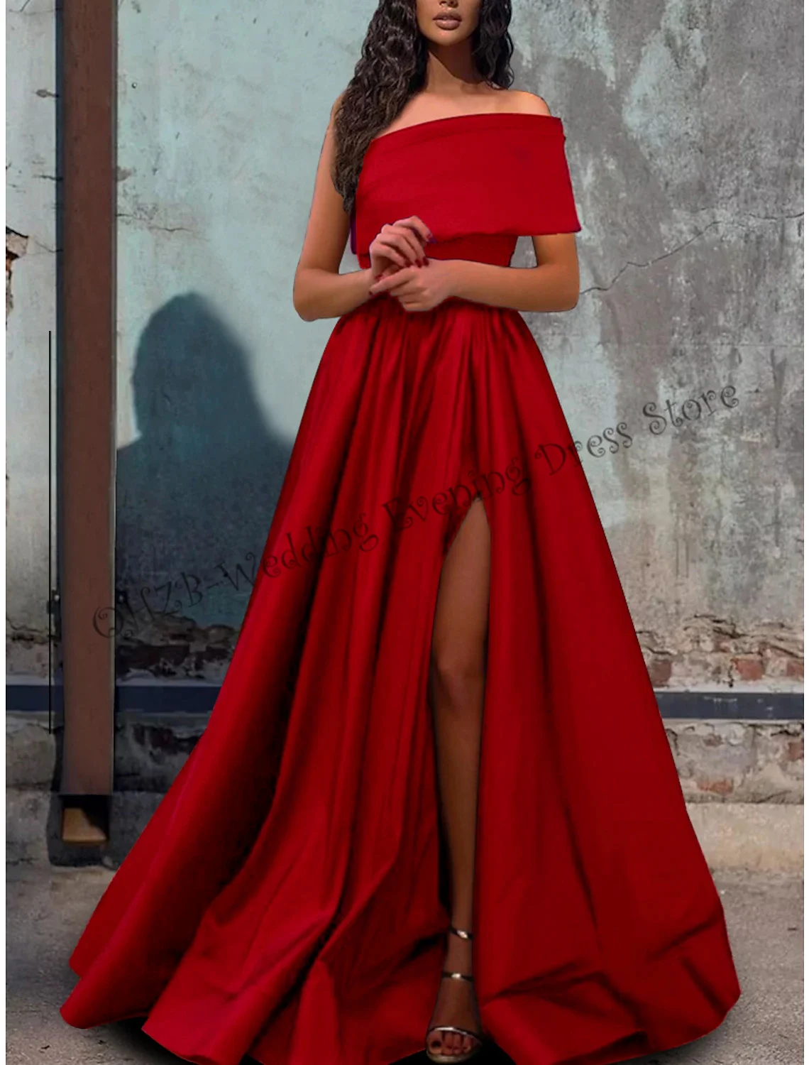 New in A-Line High Split One Shoulder Short Sleeve Floor Length Satin with Pleats Woman Formal Evening Dresses 2023