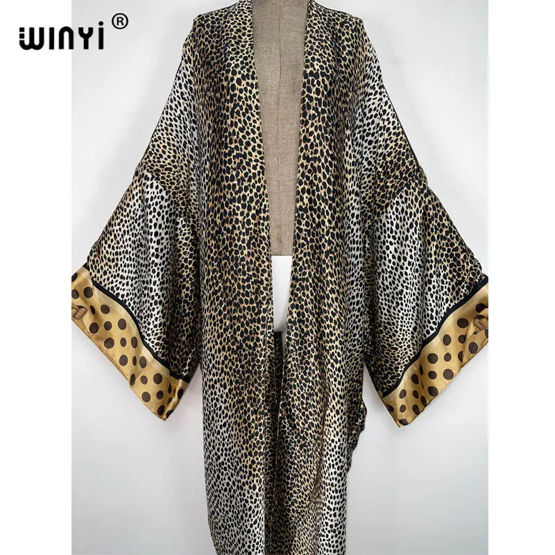 2022 WINYI Summer Beach Wear Swim Suit Cover up sweet lady boho Cardigan Leopard Print sexy Holiday long Sleeve Kimono kaftan