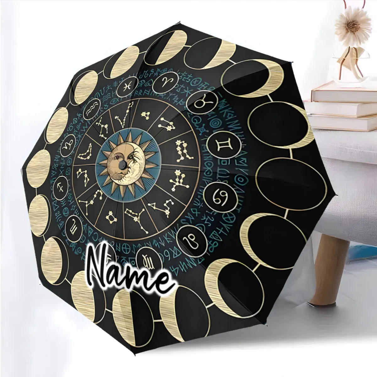 Custom Name Astrology-Inspired Umbrella Design with Moon Phases Print 8 Iron Ribs Folding Umbrella Auto-Open Fashion Sunshade