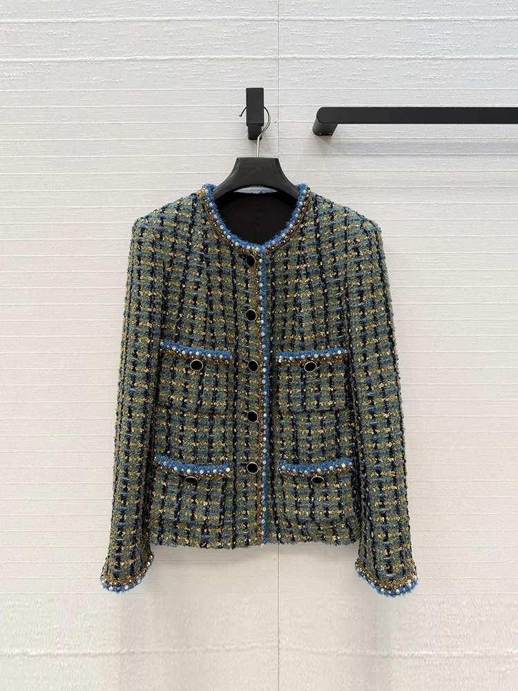 Spring Autumn Fashion Vintage Plaid Knitting Straight Barrel Jacket Women's O-Neck Long Sleeve Button Multi Pocket Casual Coat