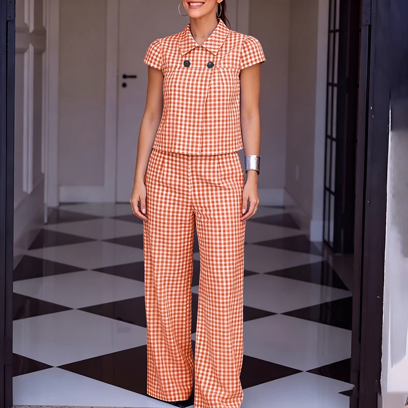 

Plus Size VONDA Women 2 Piece Sets Suits Retro Plaid Tops Elastic Waist Loose Wide Leg Pants Summer 2026 Elegant Pants Outfits
