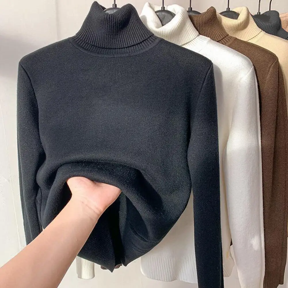 Women Fleece Sweater Cozy Fleece-lined Knitwear for Women High Collar Pullover Tops Slim Fit Knitting Tops Thickened for Wear