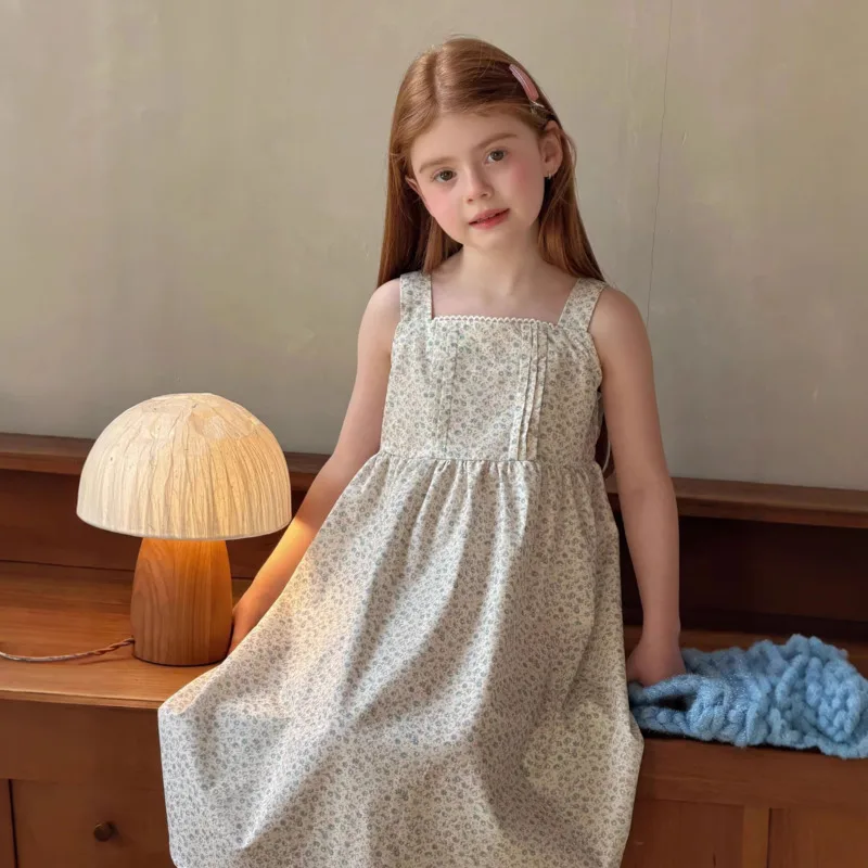 

Летний комплект для девочек: повседневное платье в пасторальном стиле с кружевом и цветочным принтом, на бретельках, для детей 3-12 лет