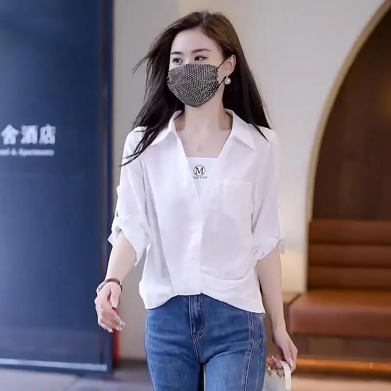 Fake Two-piece White Shirt for Women 2025 Summer New Loose Slim Top