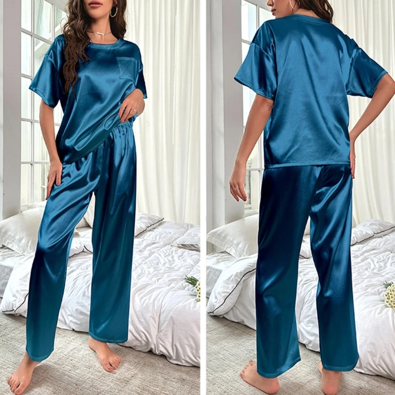 Womens Satins Silky Pajamas Set Short Sleeve Shirt with Long Pajamas Pant Set Soft PJ Loungewear S-XXL