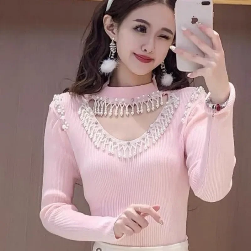 Kimotimo Fashion Beading Knitted Tops Women Autumn Winter Hollow Out Slim Long Sleeve Bottom Pullover Gentle Sweet Y2k Sweater