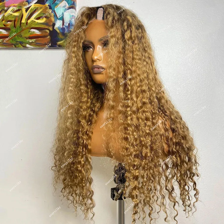 

Ombre Honey Blonde Bouncy Curly V Part Wigs Highlight Brown Unprocessed 100% Human Hair Edge Kinky Curl Brown Full U Shape Wig