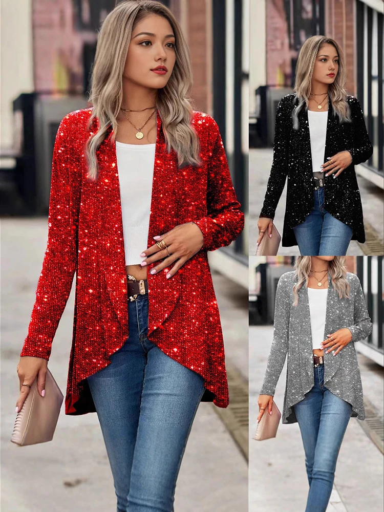 

Рождественское блестящее однотонное модное повседневное пальто нестандартной формы для тяжелой промышленности, женское однотонное блестящее пальто с длинными рукавами