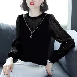 Women's Clothing Round Neck Rivet Bright Line Decoration Pullover Lantern Long Sleeve Lace Patchwork T-shirt Elegant Tops