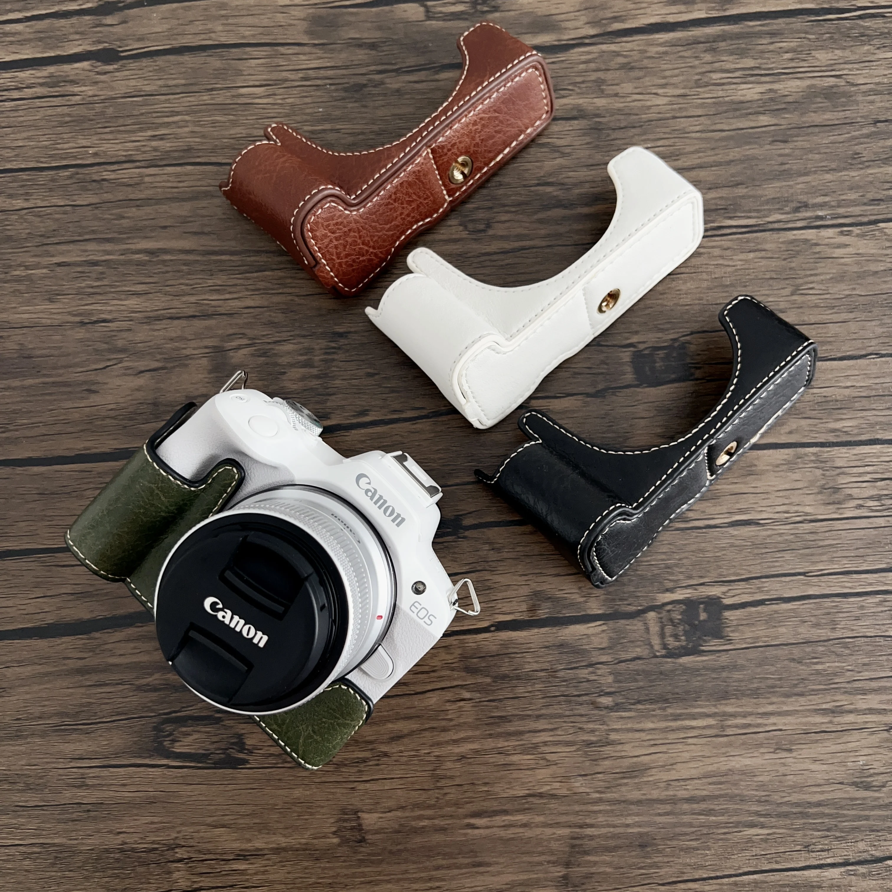 Casing kulit PU pola Buffalo tas Video kamera pelindung dasar setengah bodi untuk Canon EOS R50 R100 penutup bawah bukaan pelindung