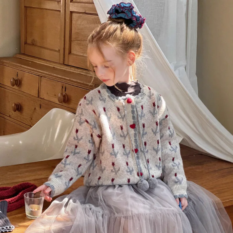 

2025 Autumn Winter Warm Girl Crochet Flower Sweater Vintage Kids Block Cardigan Sweater Jacket Coat Knitted Thick 3y-12y Outfit