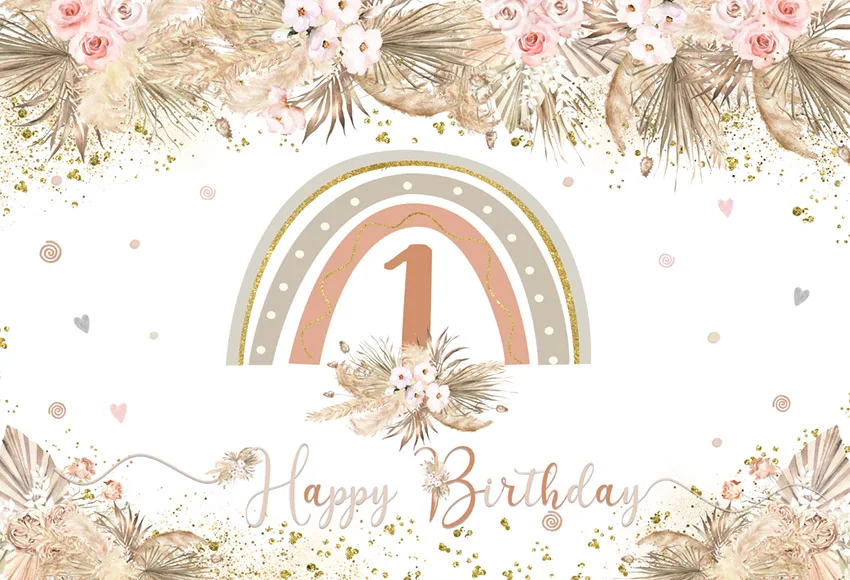 보헤미안 레인보우 소녀 첫 번째 생일 배경, 보헤미안 꽃 장식 핑크 러브 배너 사진 배경 사진 스튜디오 포토부스