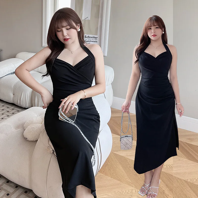 

Plus Size Women Dress Inner Wear Suspender Skirt Hanging Neck Waist Fold Design Holiday Beach Party Dresses