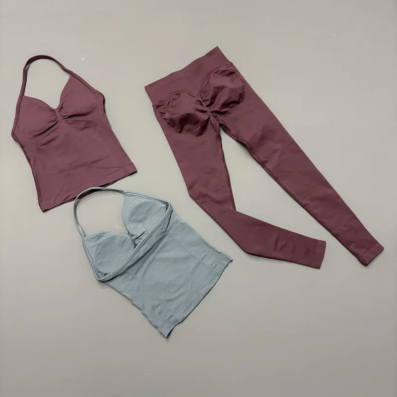 2 Pcs Gym Set Women Backless Longline Strappy Halter Tops Seamless Breathable Yoga Leggings Suits Fitness Workout Sports Sets