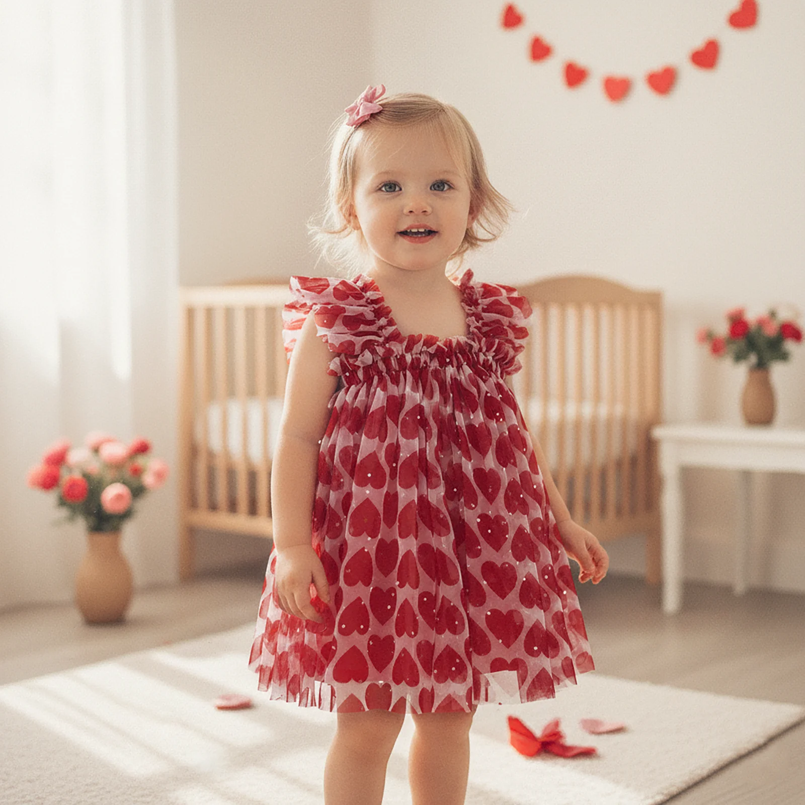Toddler Girl Sleeveless Mesh Lace Dress with Ruffled Straps Red Heart Print Sequin Embellishments Suspender A Line Tulle Dress