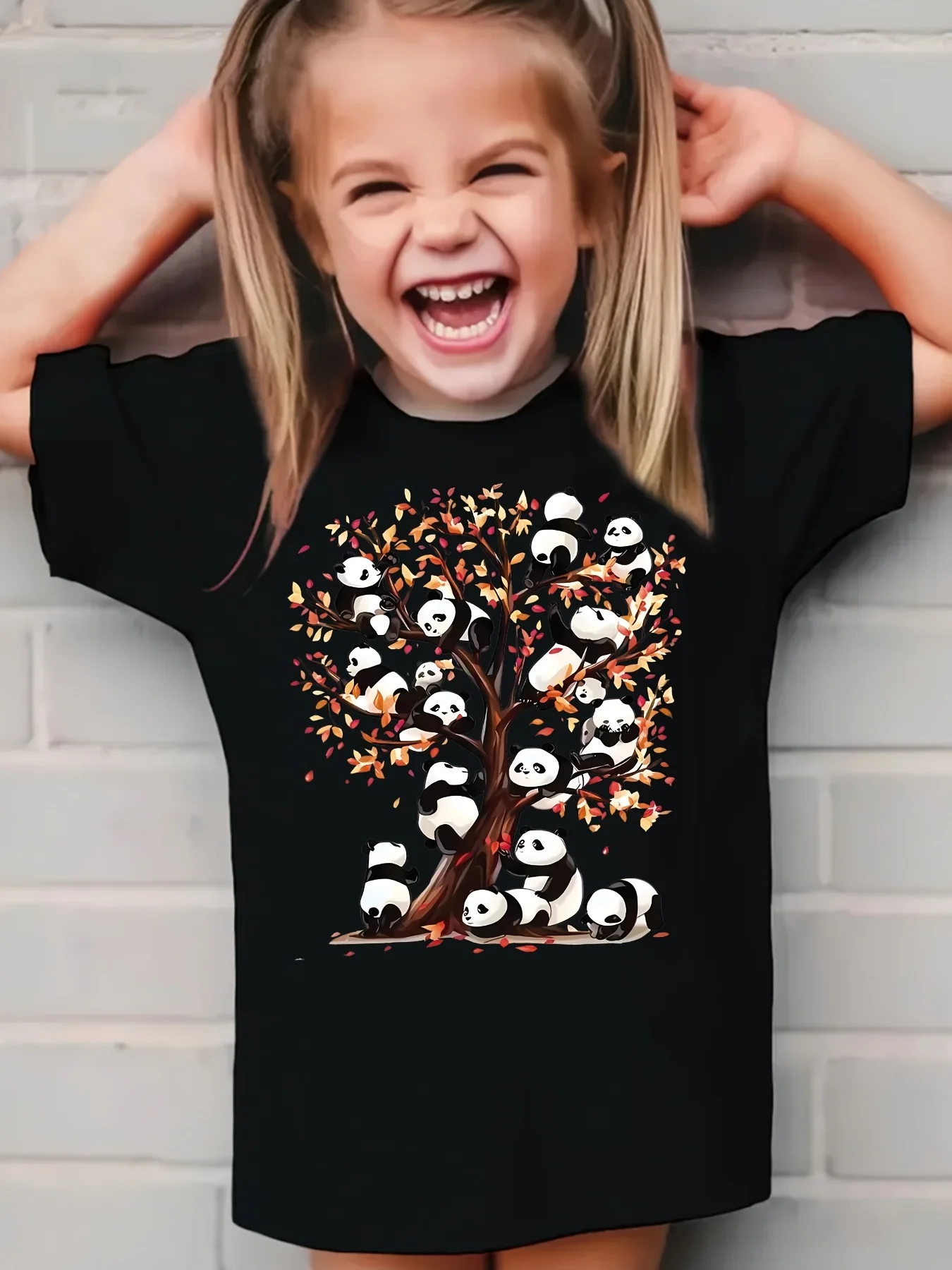 تي شيرت مطبوع عليه شجرة الباندا اللطيفة للفتيات - قميص وردي ناعم بأكمام قصيرة ورقبة دائرية، قماش محبوك مسامي لفصل الربيع