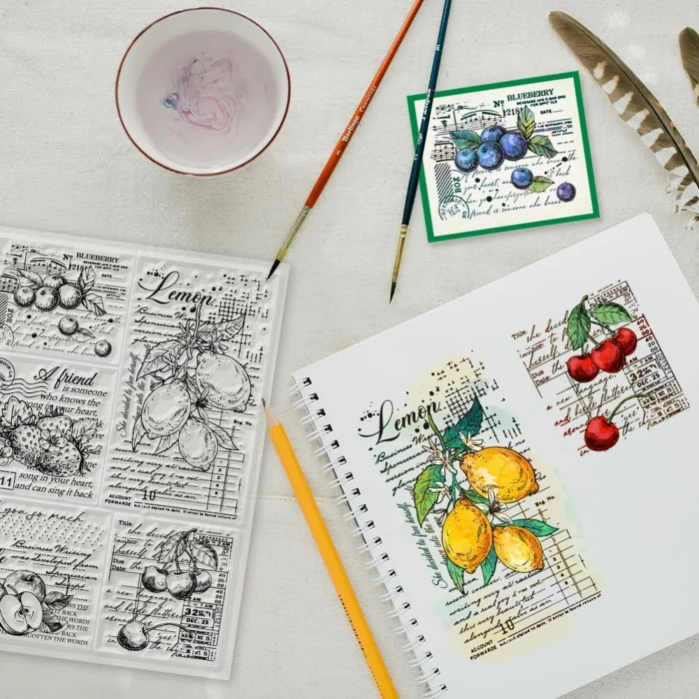 Vintage Fruit Background Grunge Clear Stamps for DIY Scrapbooking Retro Words Silicone Clear Stamp Seals 21x15cm Transparent